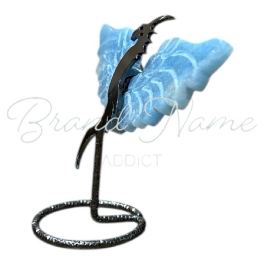 PRICE IS FIRM - Caribbean Blue Calcite Mini Wing Metal Dragon Stand - Picture 3 of 5